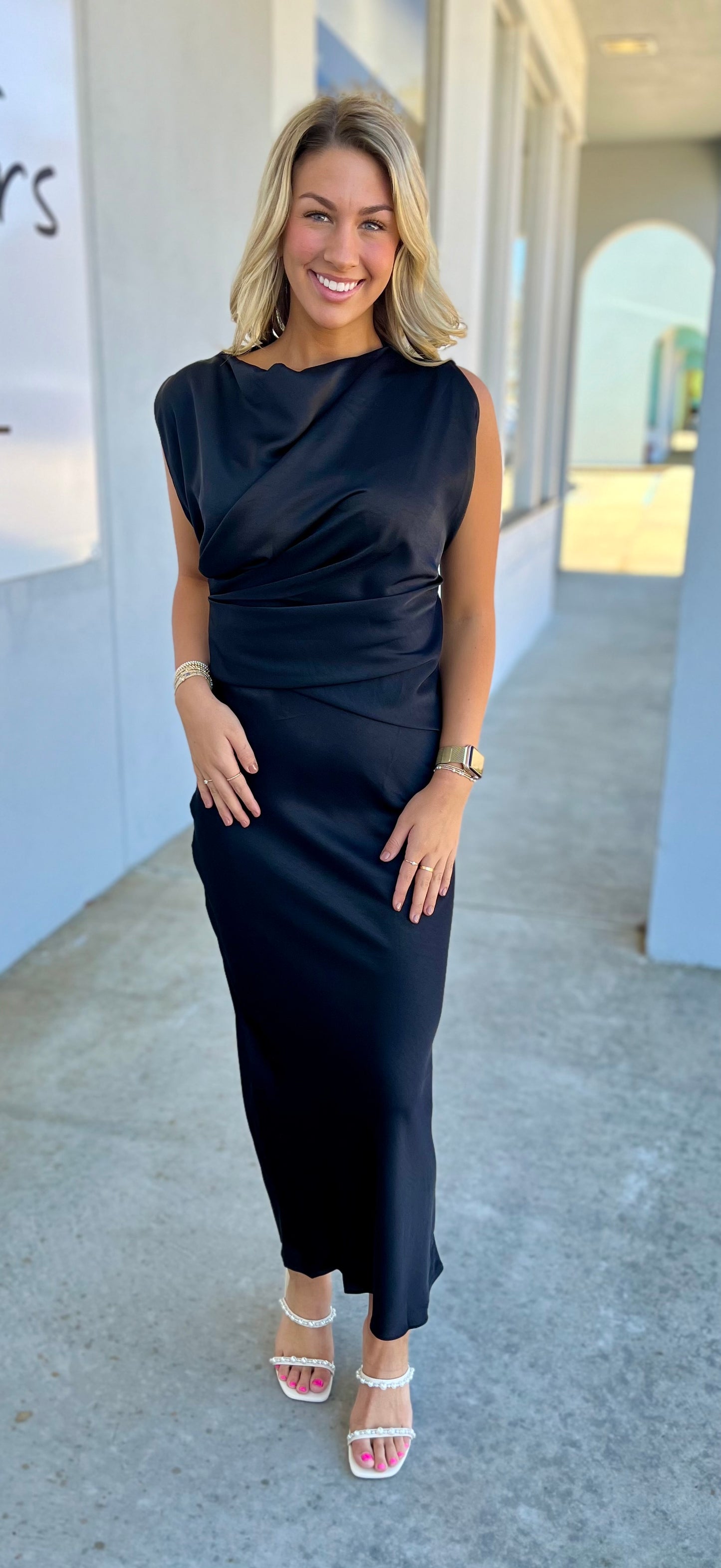 Black Mock Neck Maxi Satin Dress