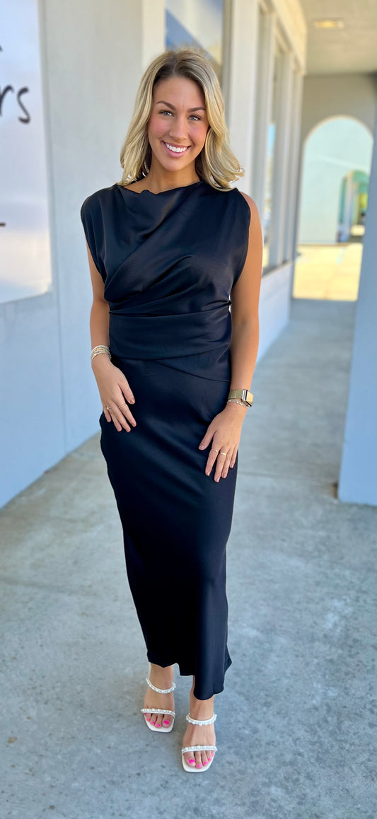 Black Mock Neck Maxi Satin Dress