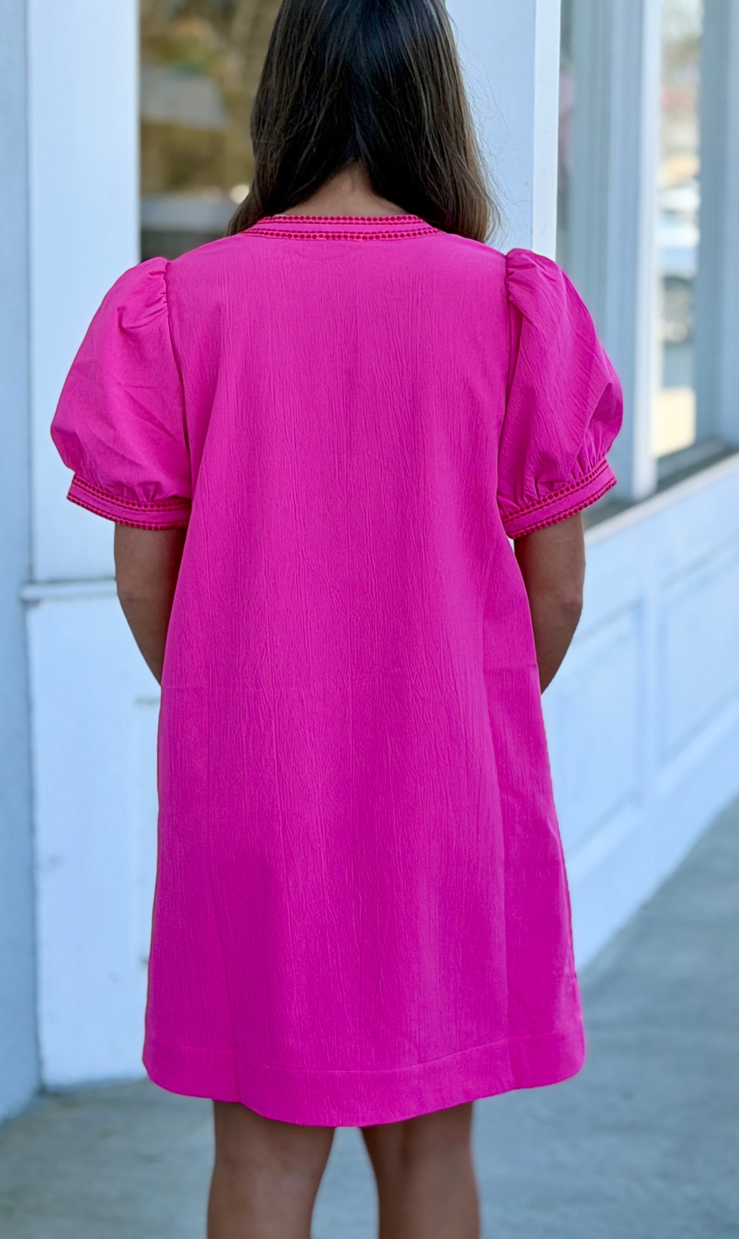 Hot Pink Bubble V Neck Sleeve Dress