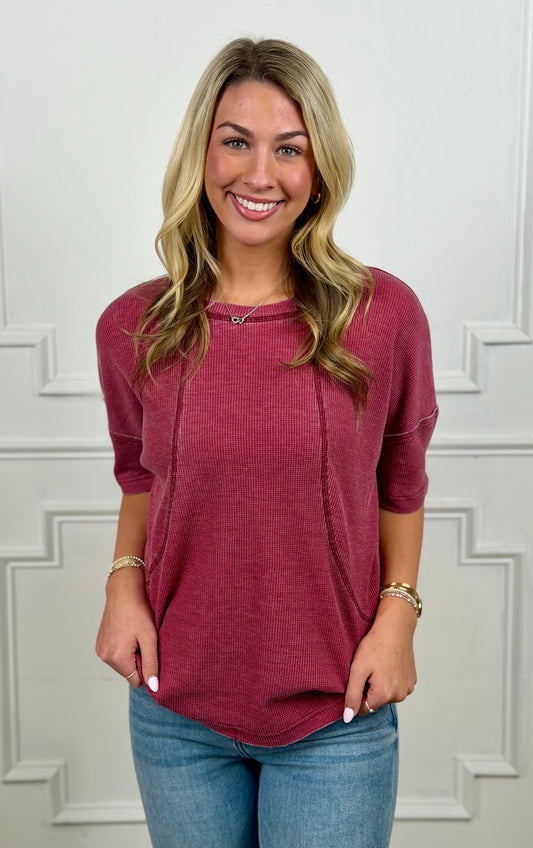 Cotton Blend Mineral Wash Waffle Top, Garnet Red