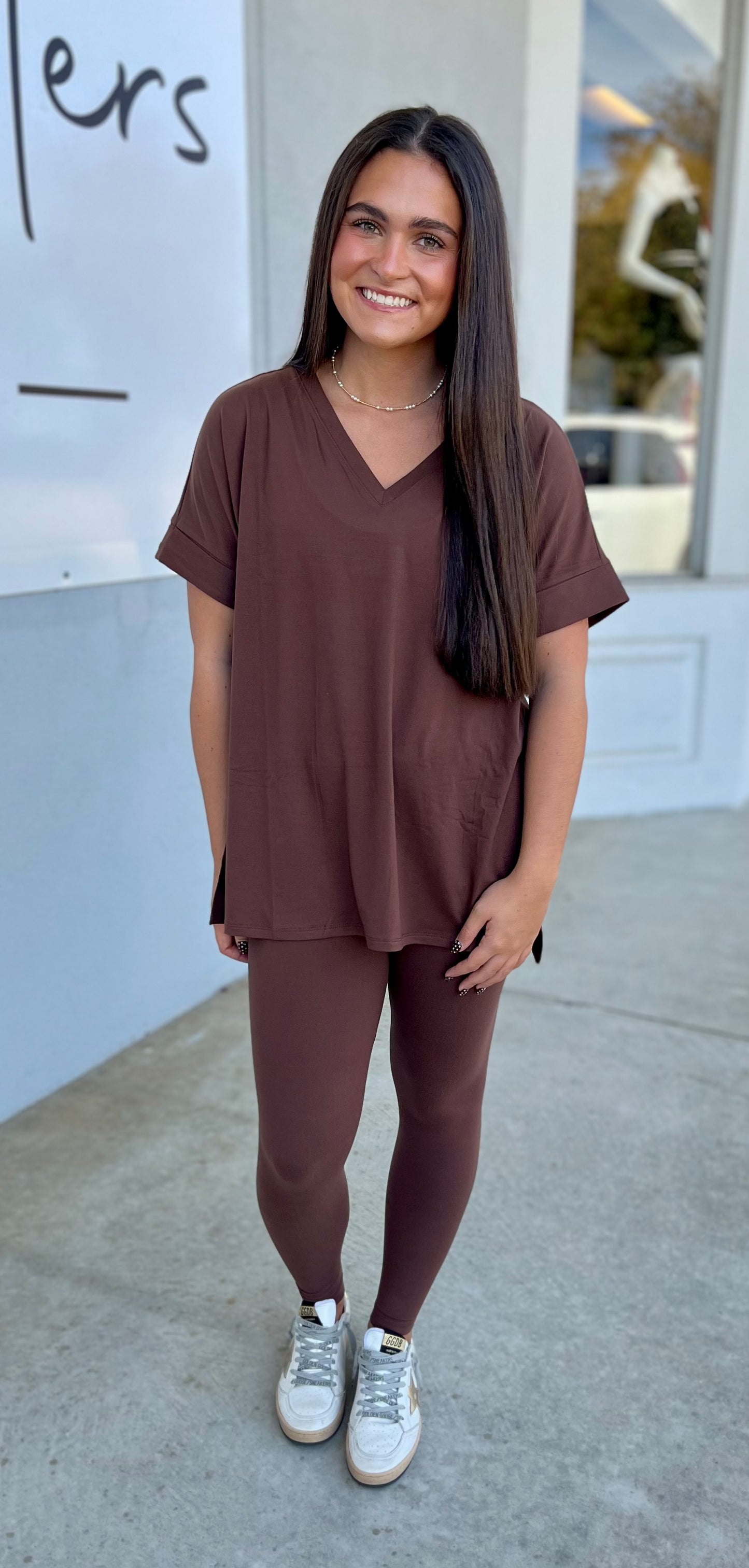 Short Sleeve V Neck Top & Leggings SET, Brown