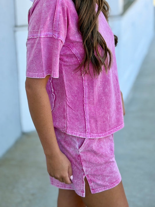 Halo Snow Washed Top & Short SET, Hot Pink