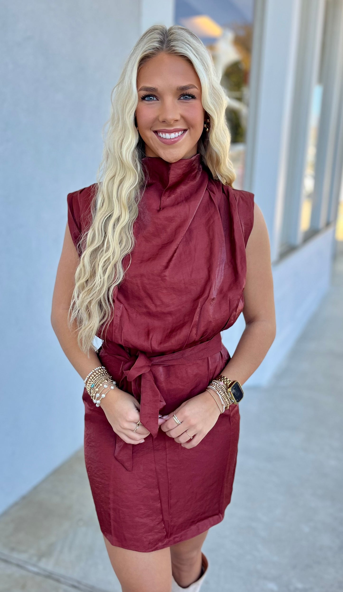Rust Mock Neck Sleeveless Mini Dress
