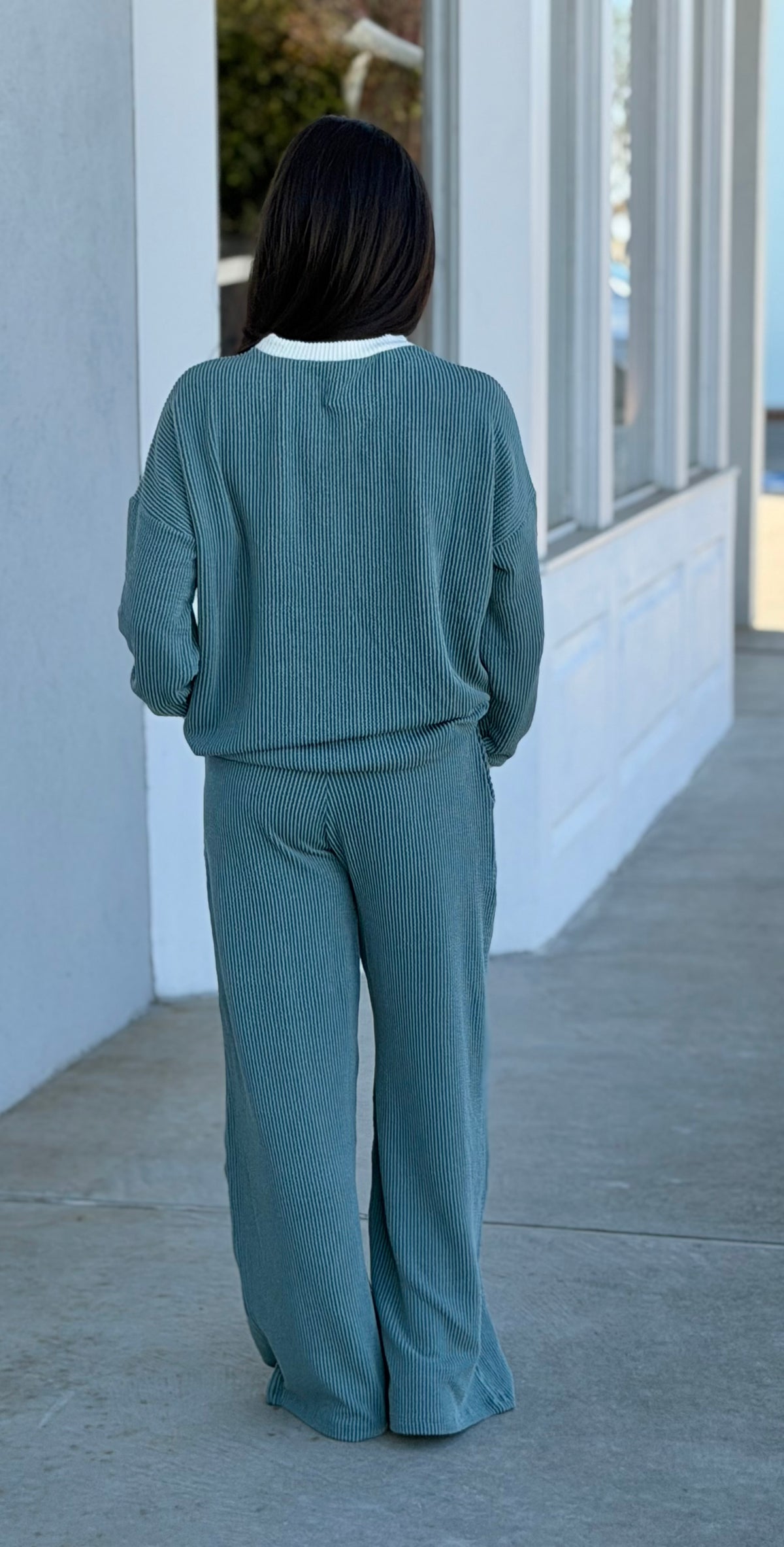 Raised Rib Round Neck Pullover & Pants SET, Jade