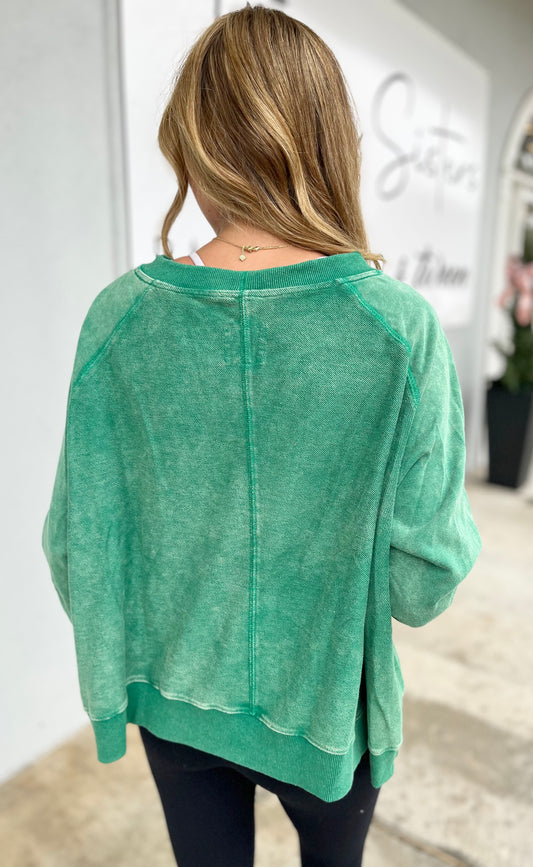 Green French Terry Mineral Washed Oversized Top