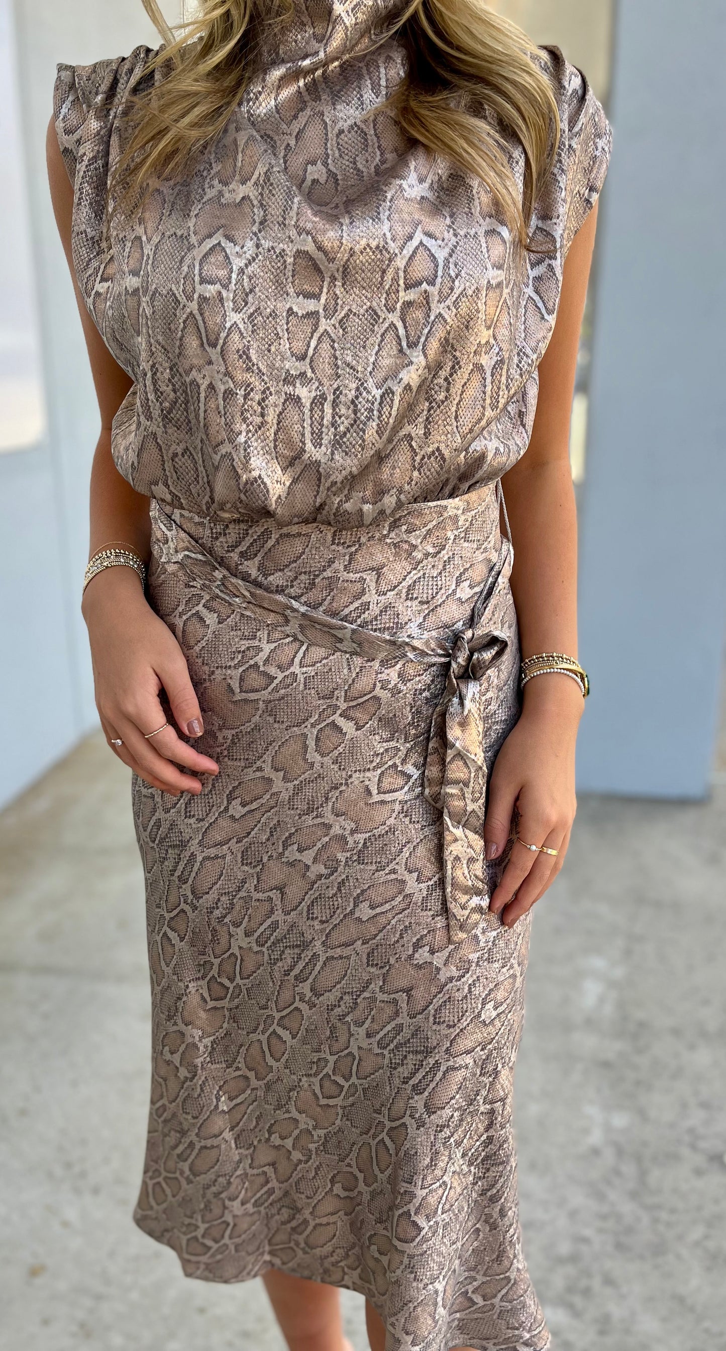 Snake Print Mock Neck Midi Dress
