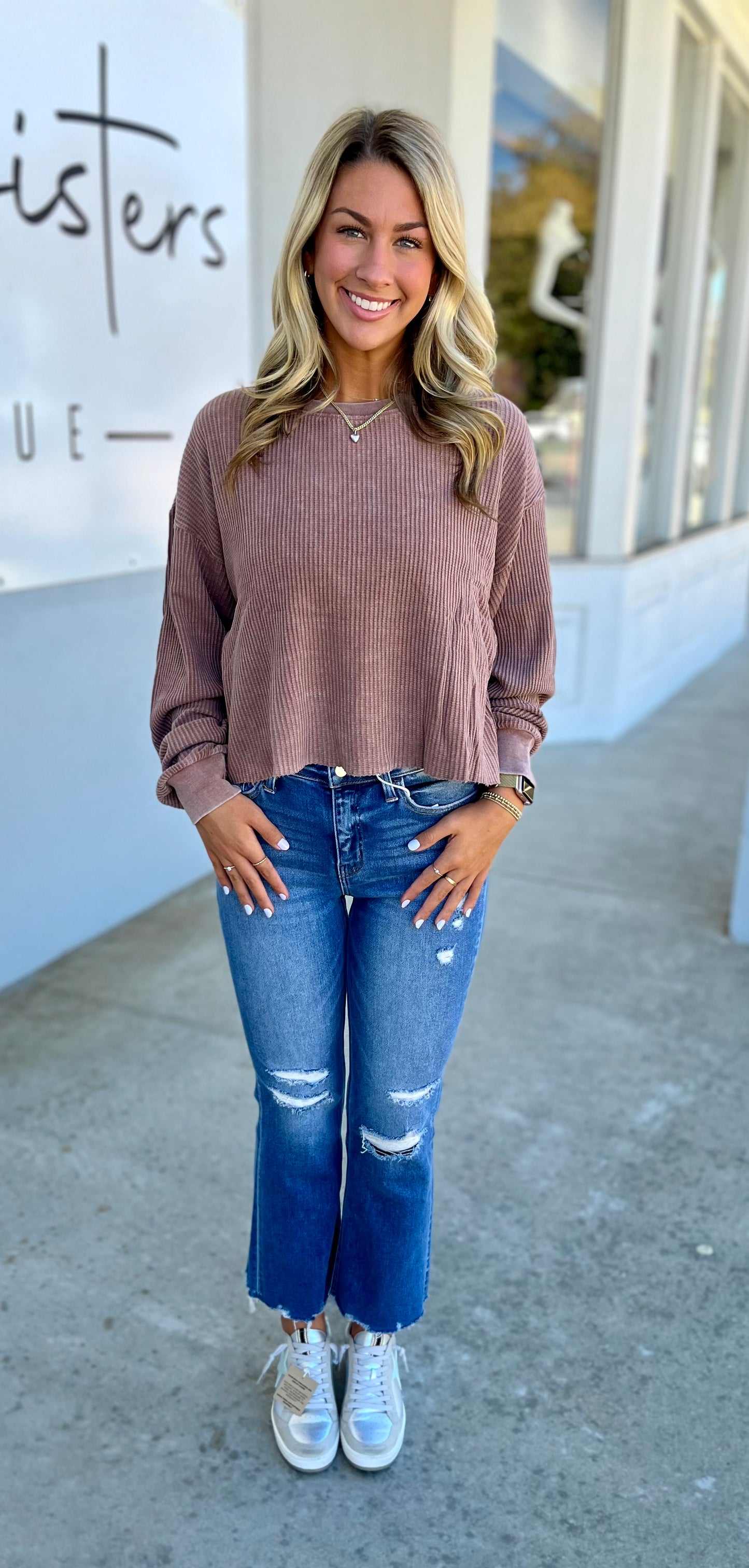 Mineral Washed Waffle Long Sleeve Top, Chestnut