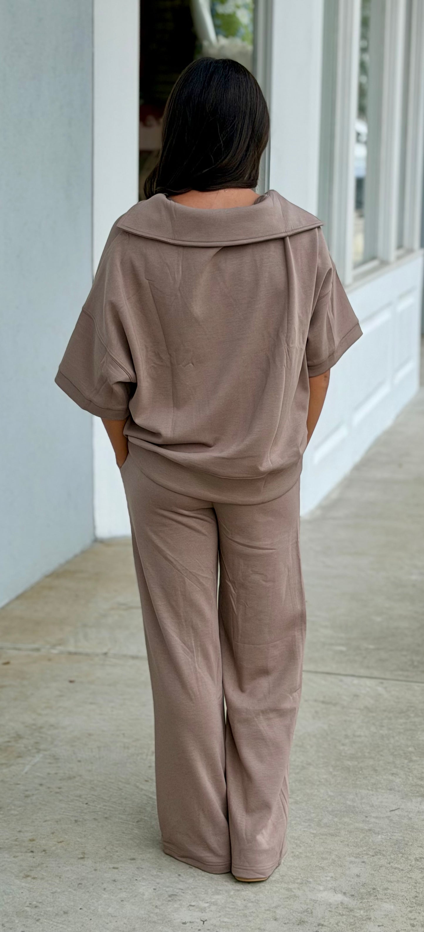 Scuba Collared Short Sleeve Top & Pants SET, Cocoa