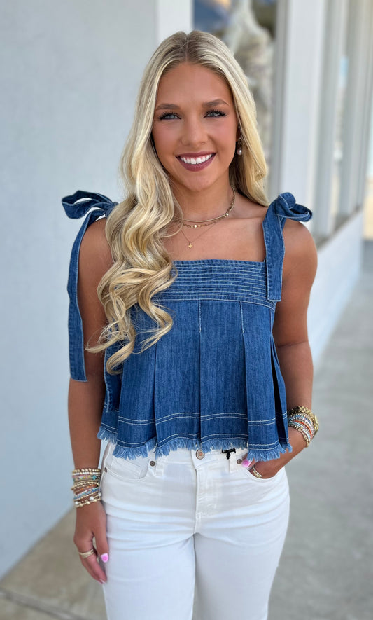 Pleated Denim Crop Top with Tie Straps