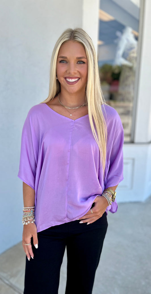 V Neck Kimono Sleeve Top , Lavender