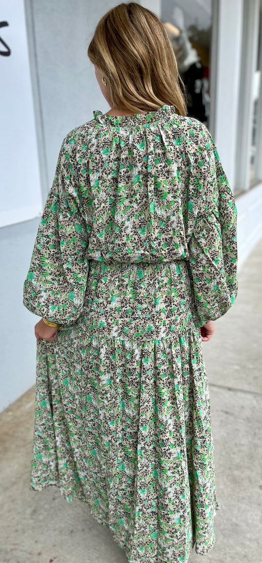 Green Floral Print Long Sleeve Maxi Dress