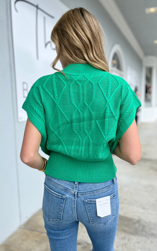 Kelly Green Cable Knit Cap Sleeve Sweater