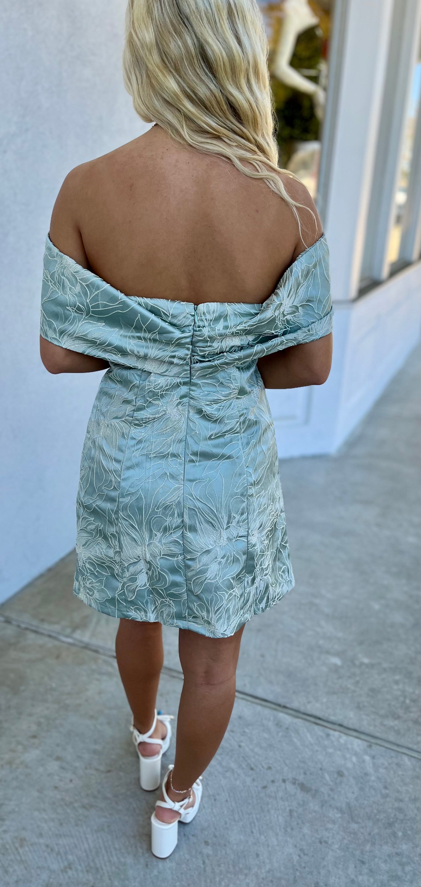 Sage/Gold Front Bow Off Shoulder Dress