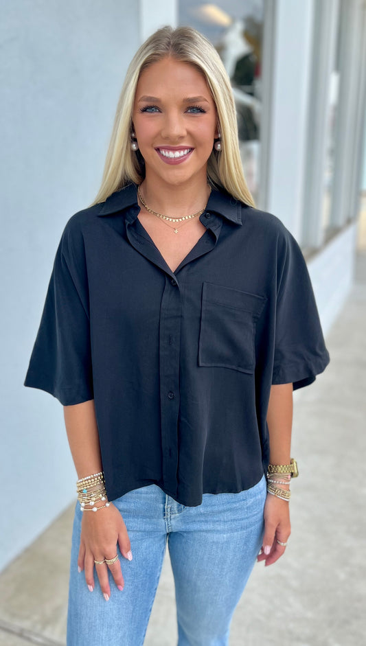 Black Button Down Pocket Chest Top