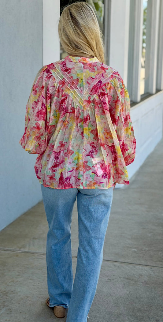 Rose Blush Floral Printed Button Down Blouse