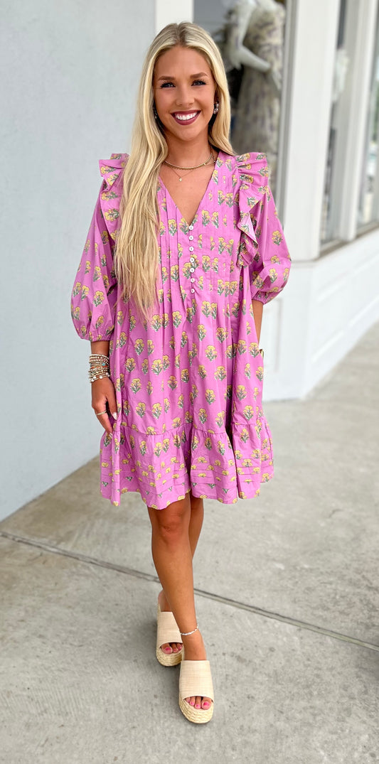 Pink Pintuck Detail Printed Dress