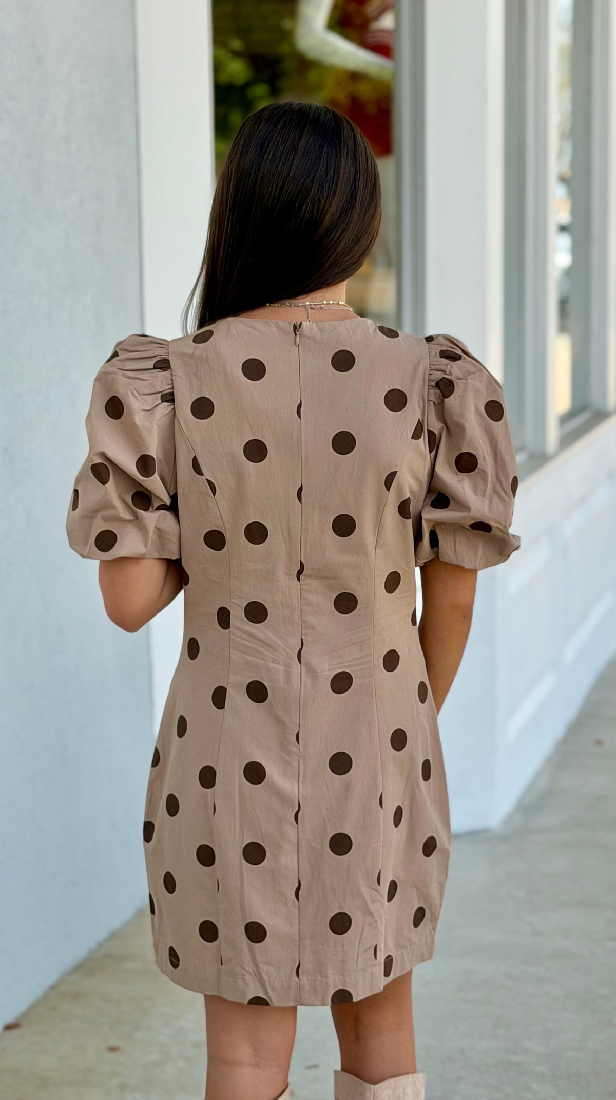 Taupe Polka Dot Bubble Sleeve Dress
