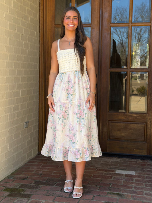 Cream/Pink Crochet Midi Eyelet Dress