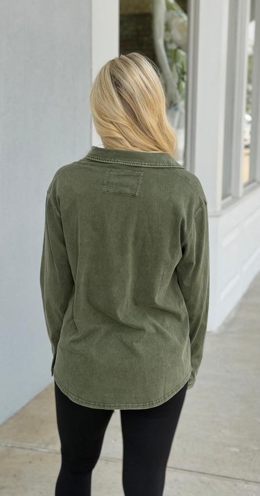 Mineral Washed Knit Collar Top, Olive