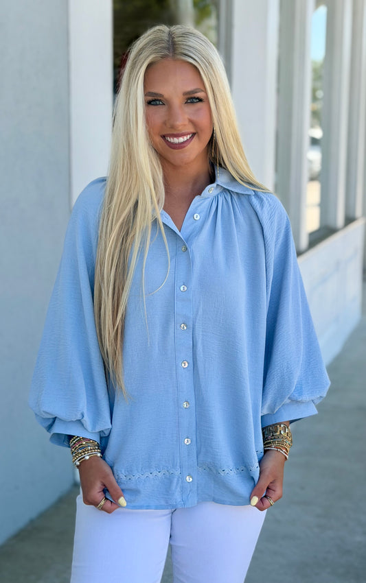 Sky Blue Balloon Sleeve Button Down Blouse