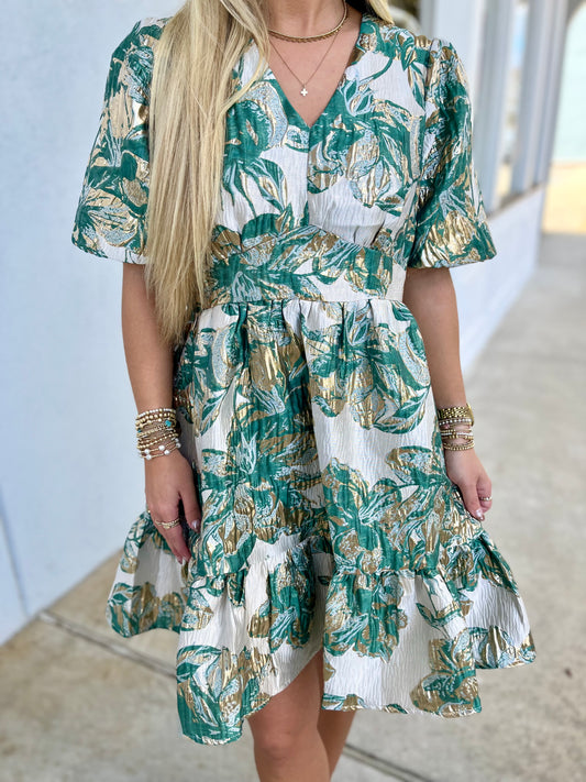 Jacquard Puff Sleeve V Neck Dress , Green/Gold