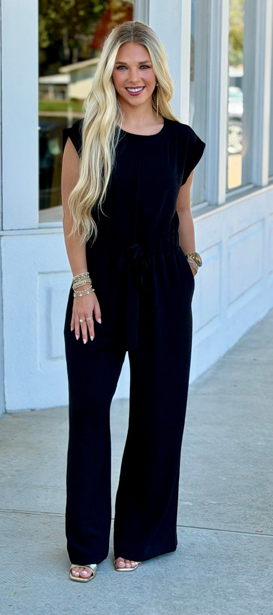 Elastic Waist Jumpsuit With Front Tie Detail, Black