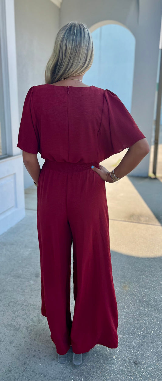 Smock Waist Wide Leg Jumpsuit , Red Brick
