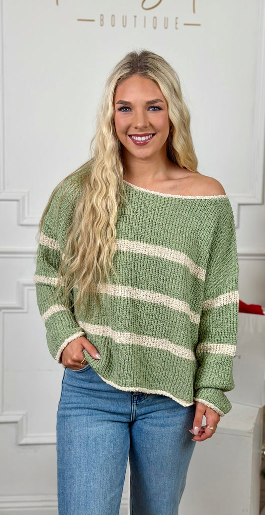 Sage/Oatmeal Striped Lightweight Sweater