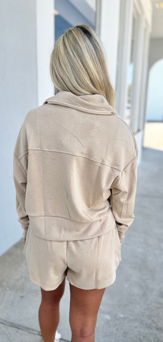 Beige Half Zip Pullover and Short SET