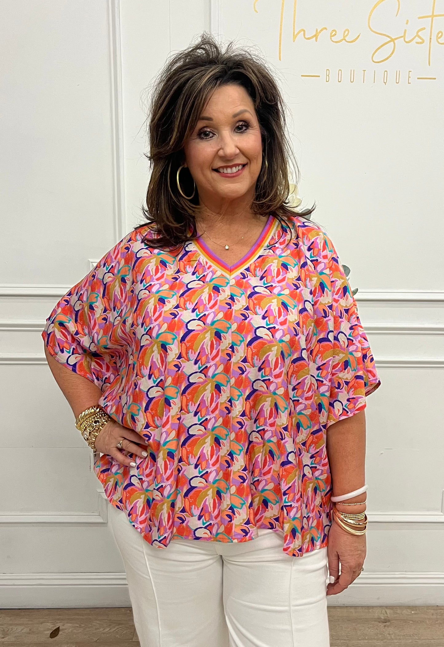 Floral V Neck Contrast Top, Coral Mix