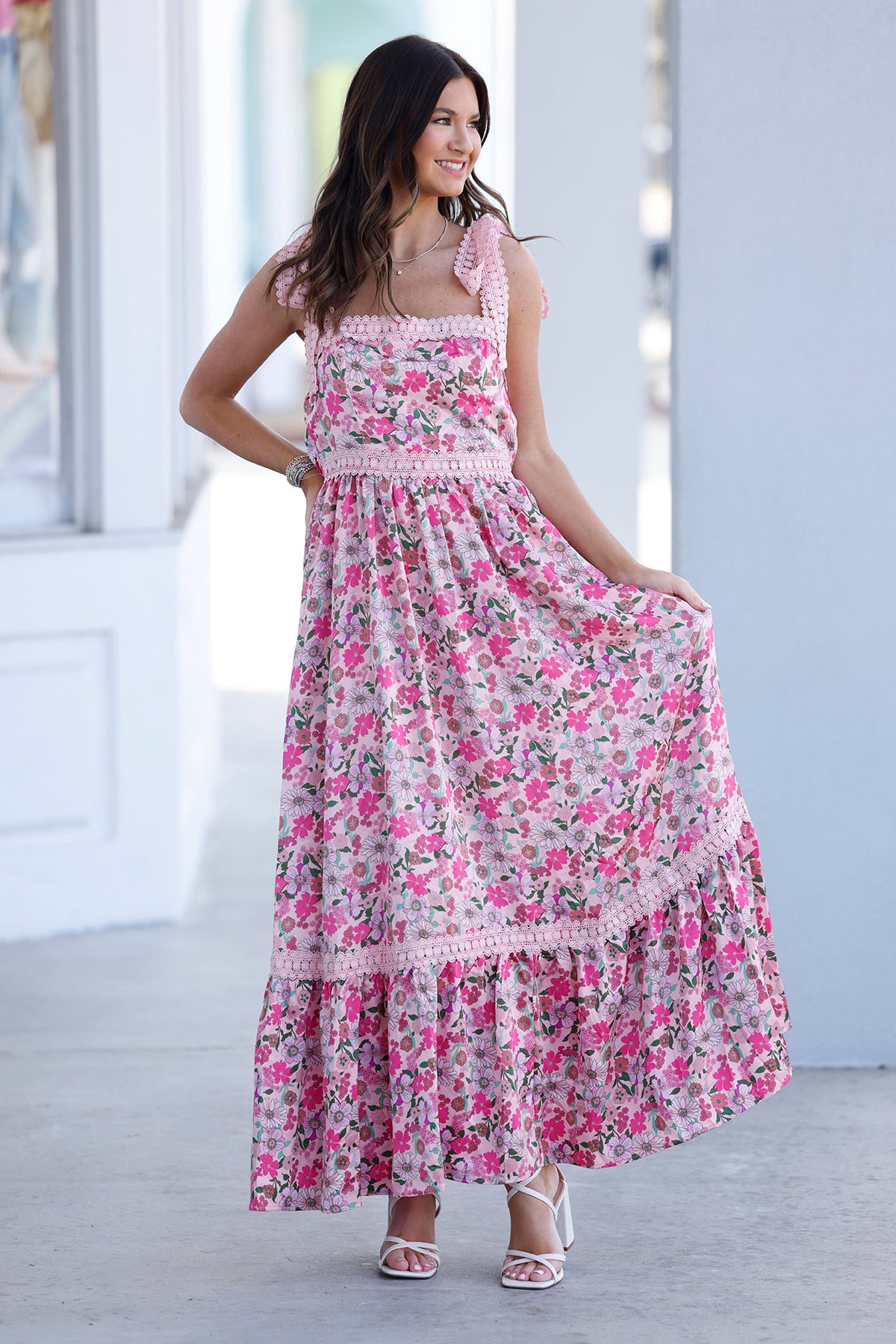 Pink Combo Floral Maxi Dress With RIbbon Tie Three Sisters Boutique Pink Combo Floral Maxi Dress With RIbbon Tie Three Sisters Boutique