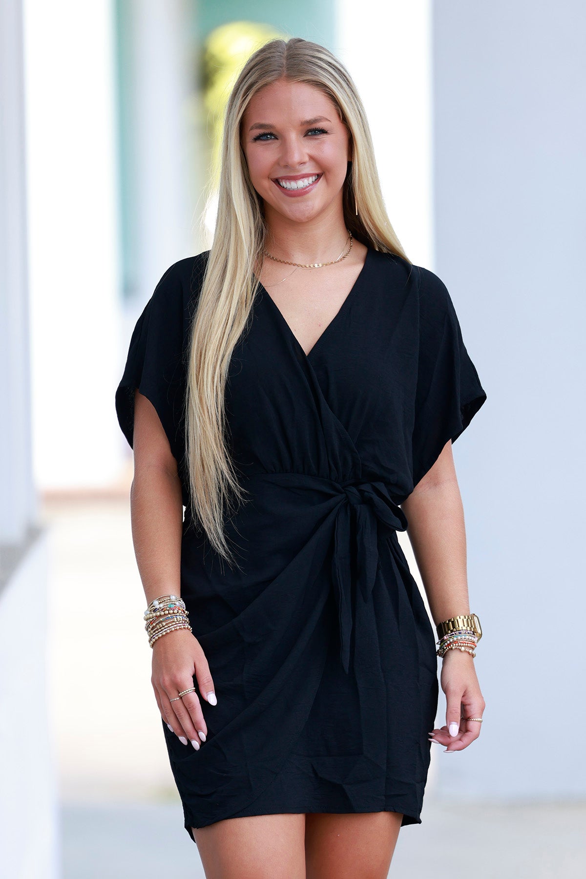 Shops black side tie dress