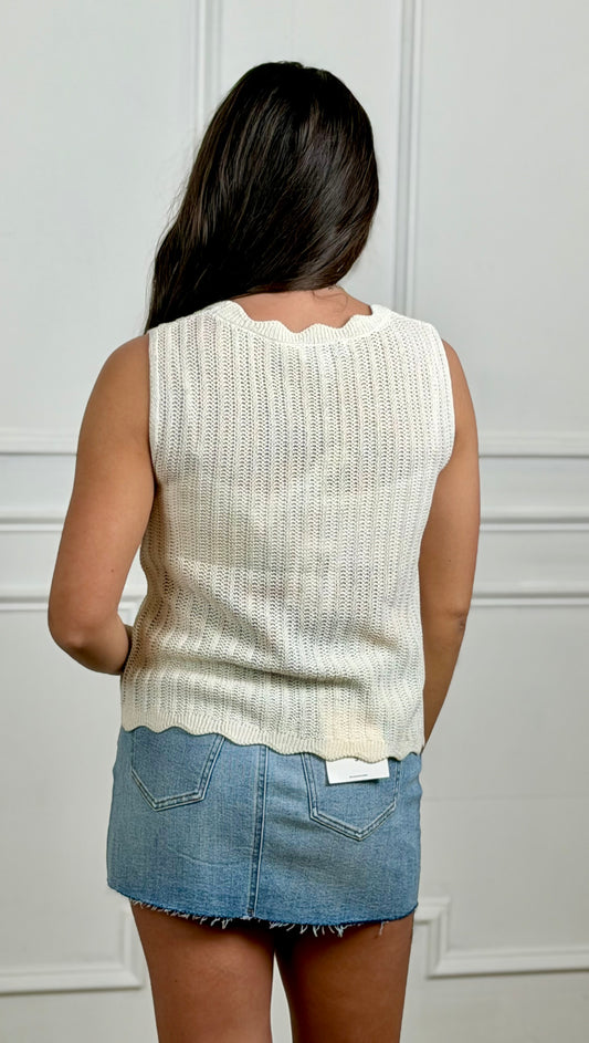 Sleeveless Scallop Front Tie Sweater, Cream