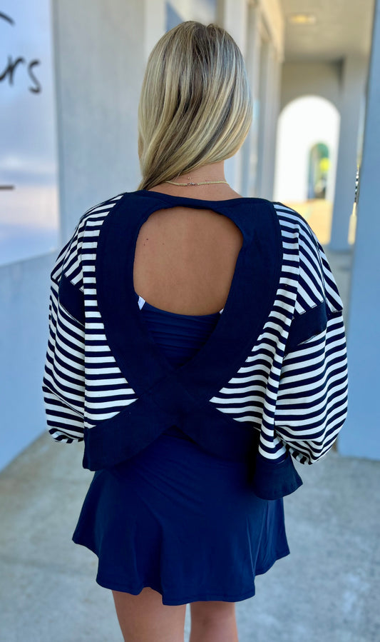Open Back Long Sleeve Top, Navy