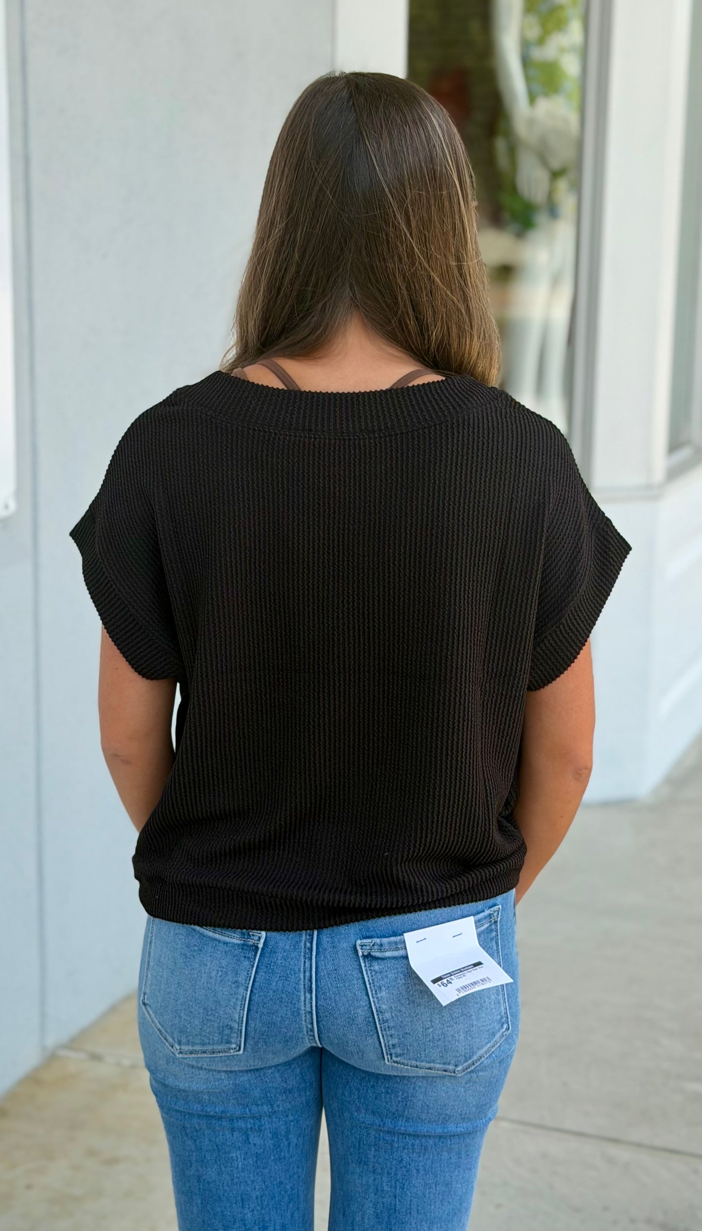 Raised Rib Cap Sleeve Top, Black