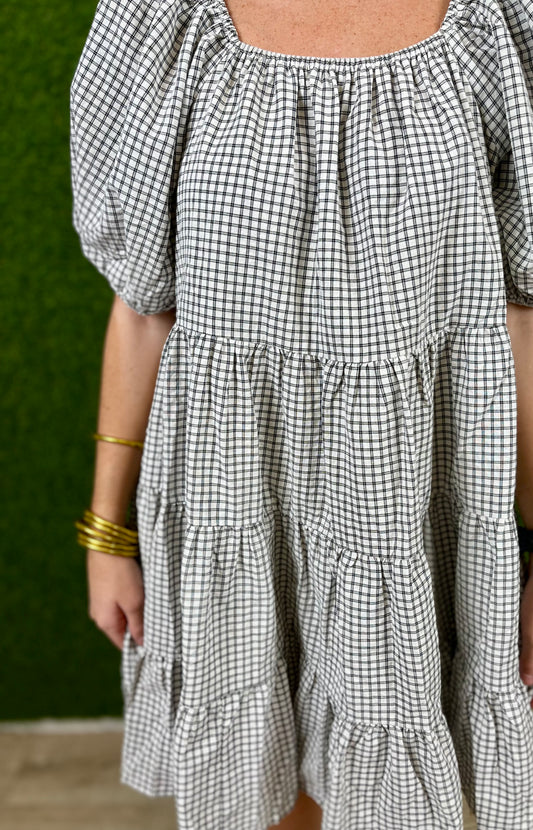 Ecru/Black Plaid Puff Sleeve Dress