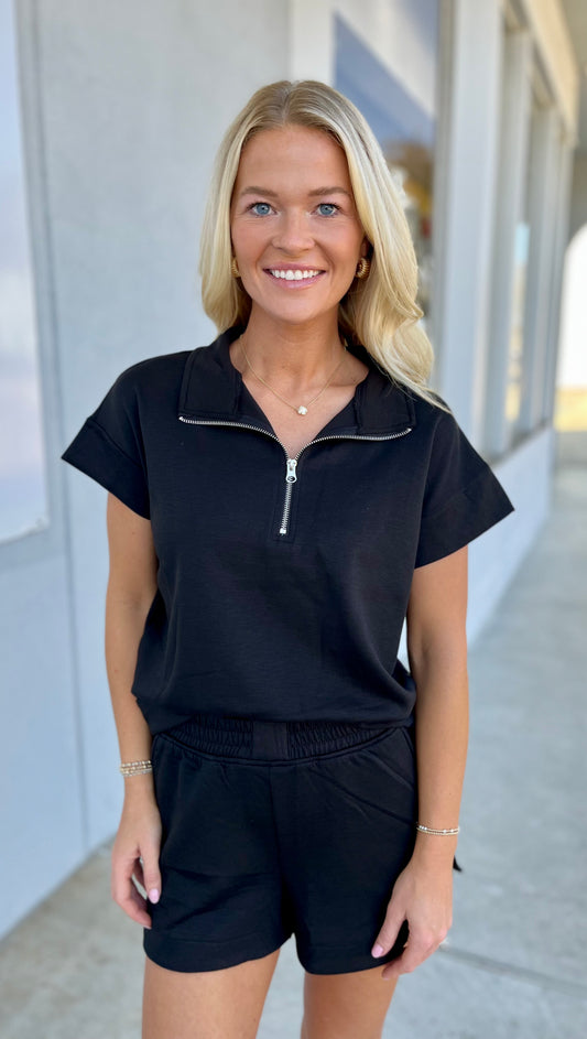 Scuba High Neck Half Zip Top & Shorts SET, Black