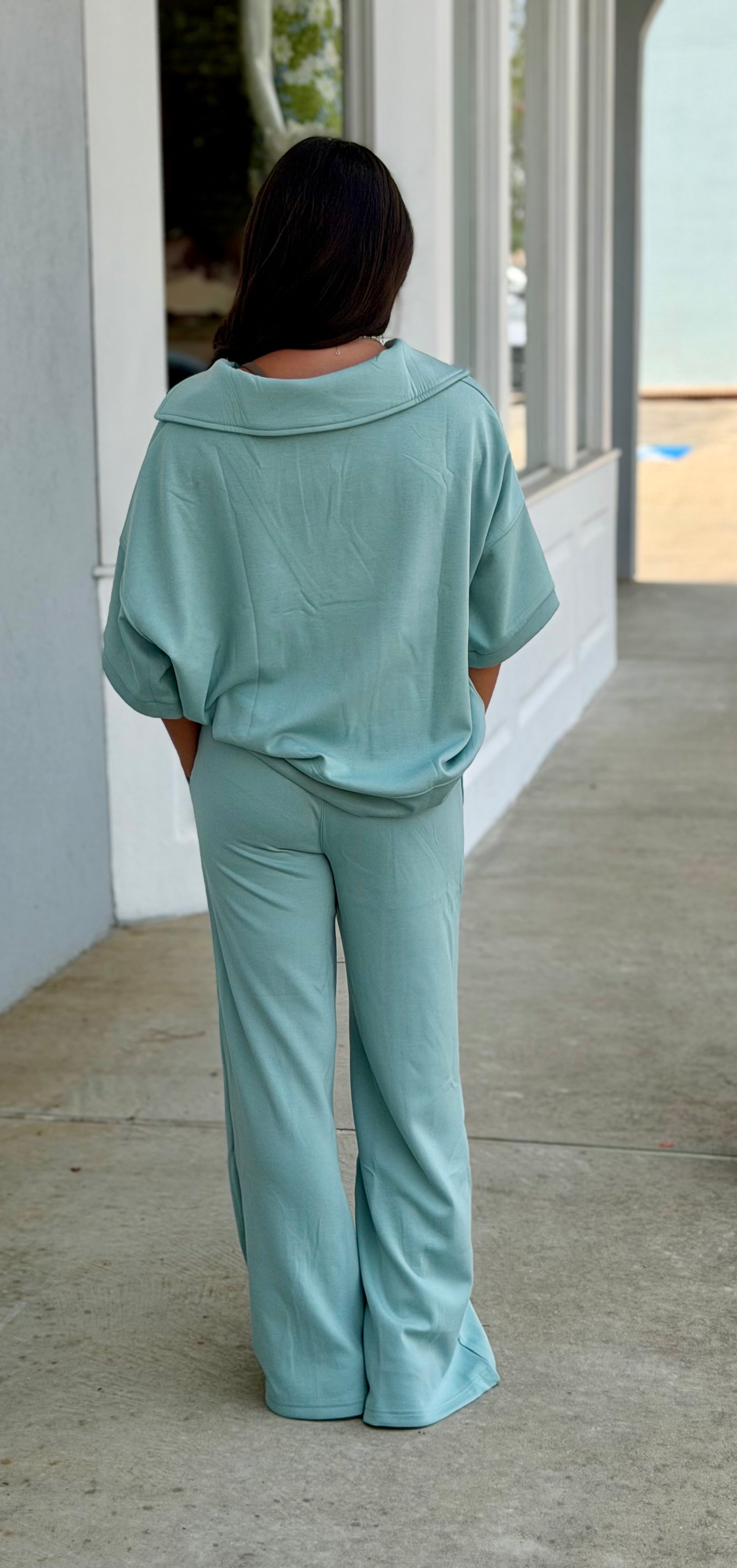 Scuba Collared Short Sleeve Top & Pants SET, Dusty Green