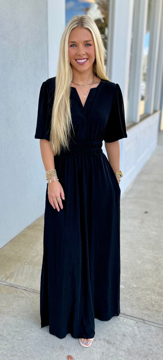 Bell Sleeve Metallic Maxi Dress, Black