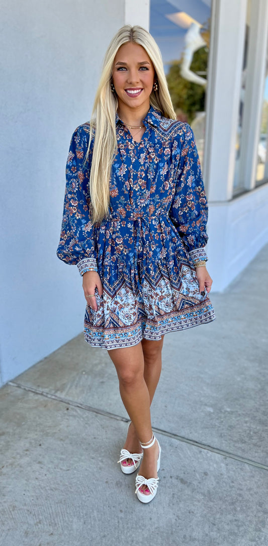 Teal Blue Border Print Button Down Dress