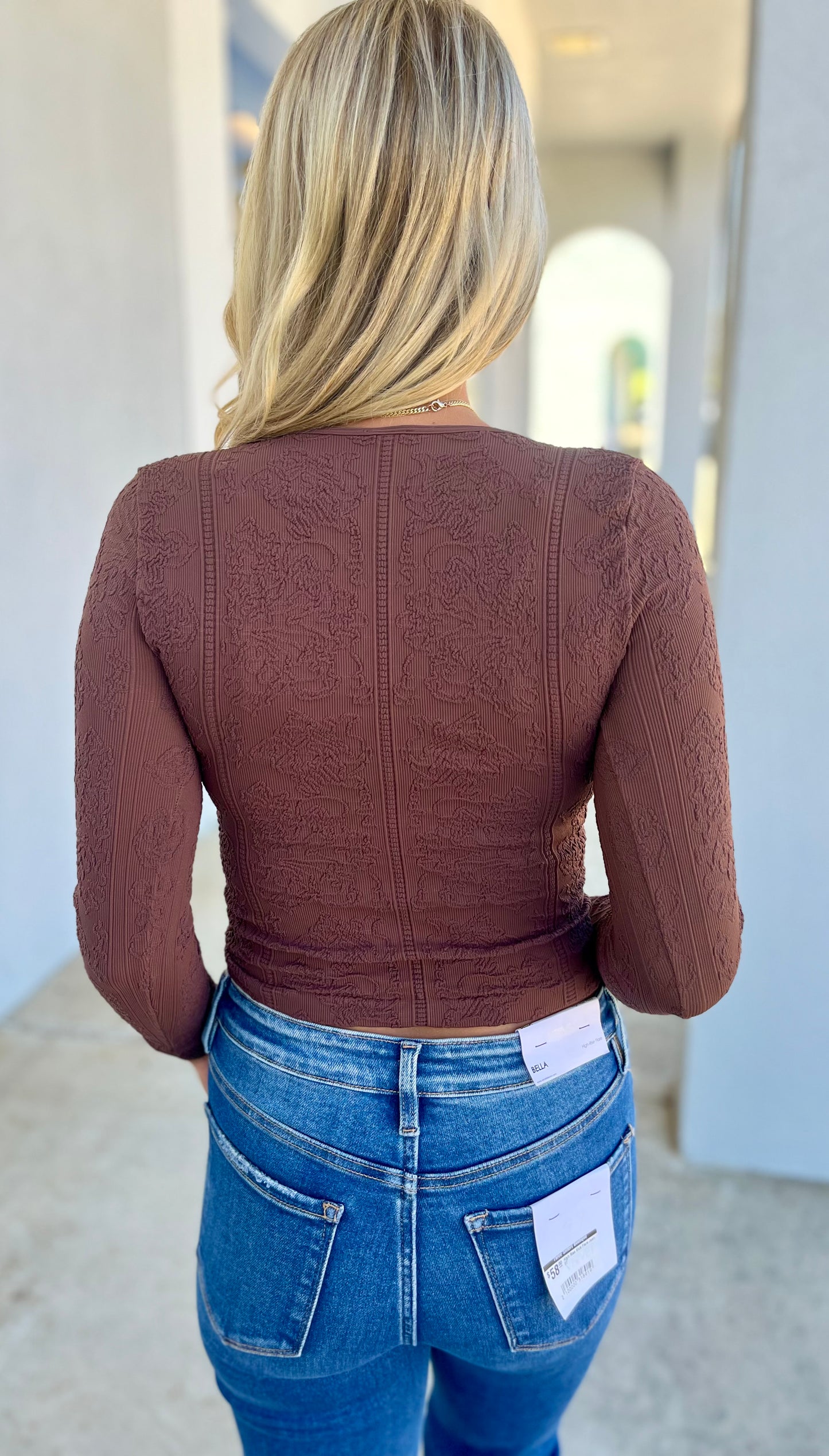 Lace Textured V Neck Top , French Roast