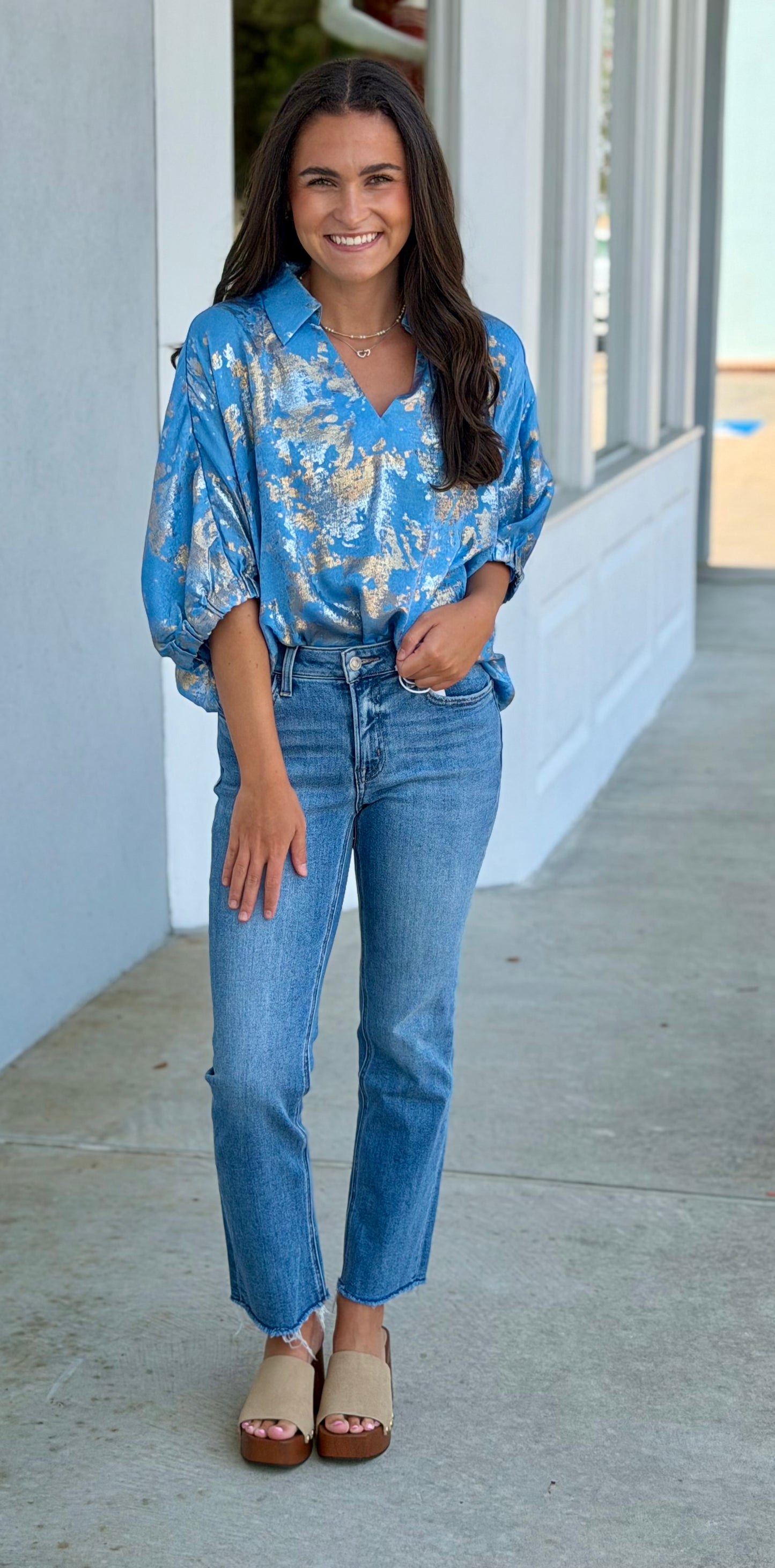 Dolman Sleeve Metallic Top, Blue