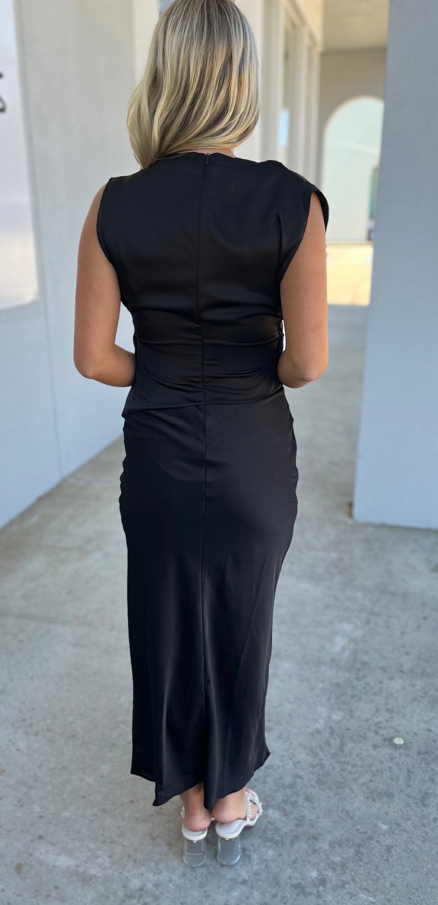 Black Mock Neck Maxi Satin Dress