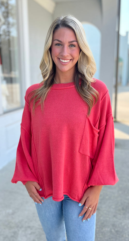 Red Coral Over Size Sweater With Pocket