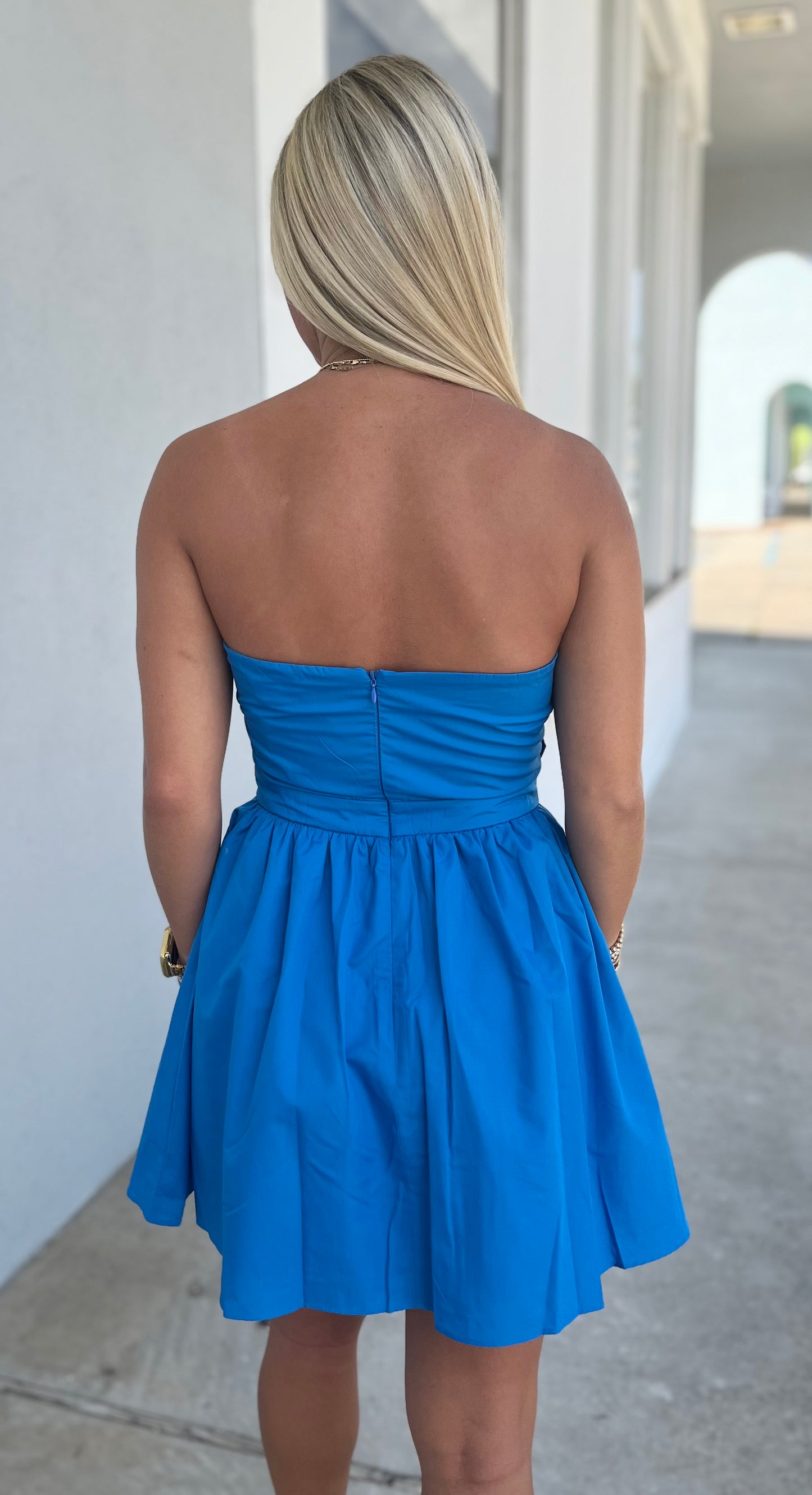 Blue Strapless Pleated Fit & Flare Mini Dress