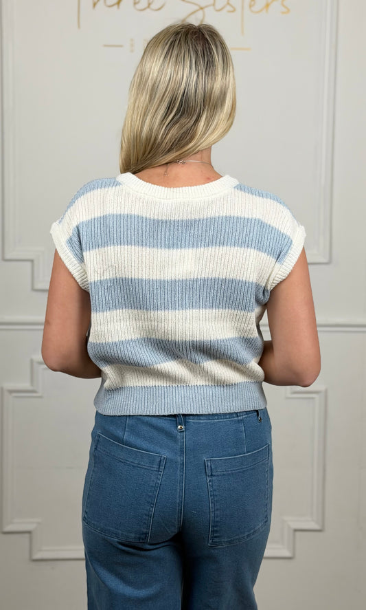 Striped Ribbed Top , Ice Blue