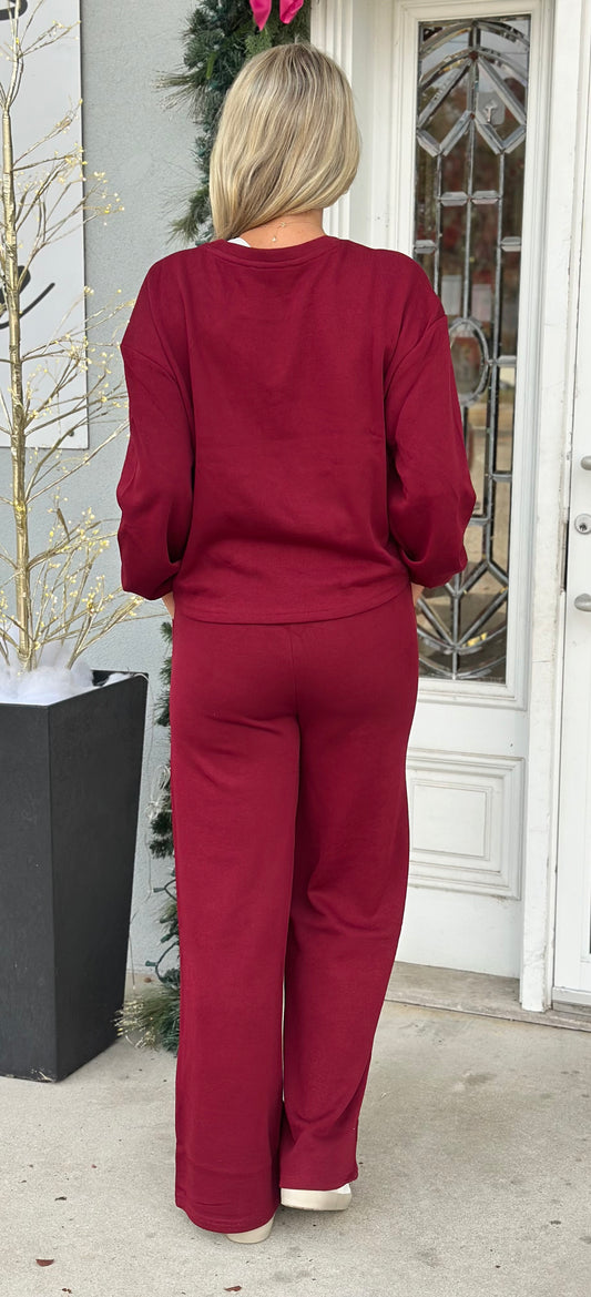French Rib Pullover & Pants Set, Dk Burgundy
