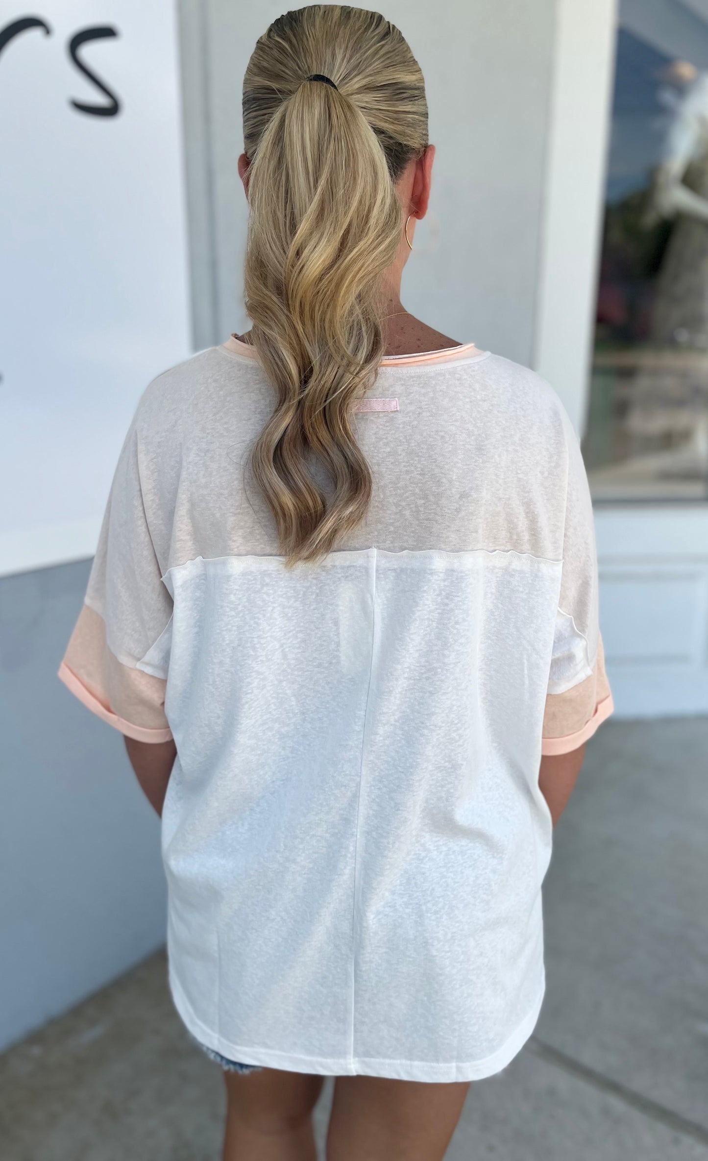 Colorblock Short Sleeve Top, Peach Salmon