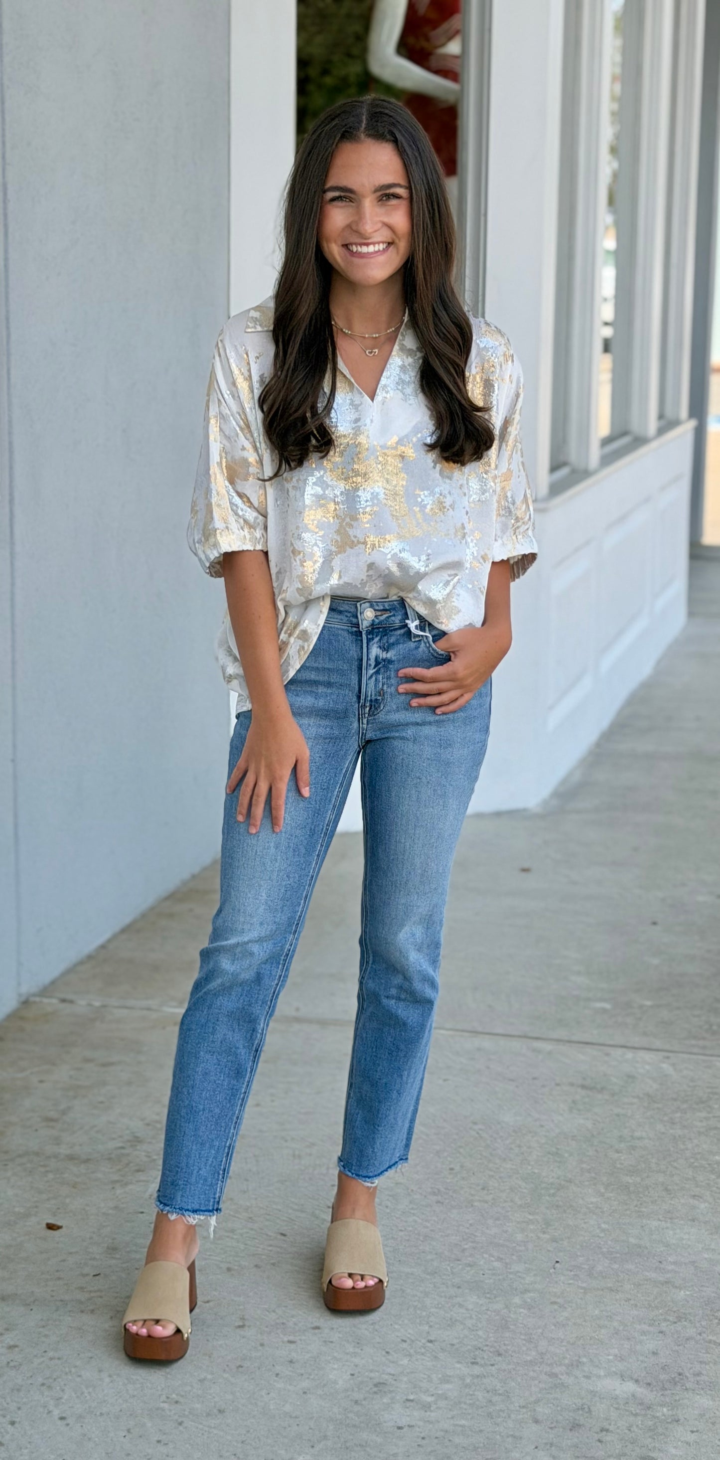 Dolman Sleeve Metallic Top, White