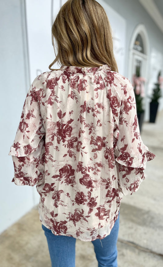 Floral Print Long Sleeve V-Neck Top With Ruffle Detail